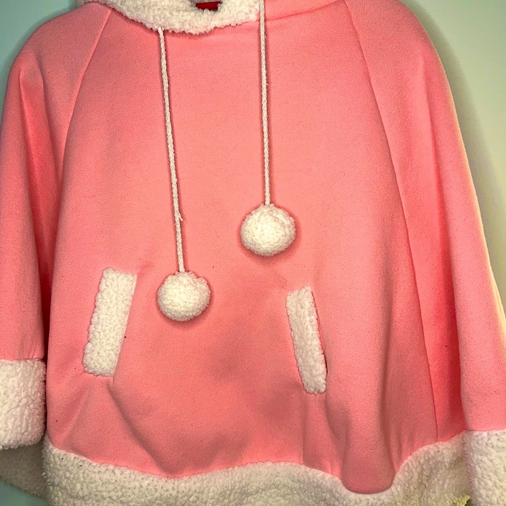 Pink Poncho With White Trim and Hood Kawaii Pastel Cozy PomPoms